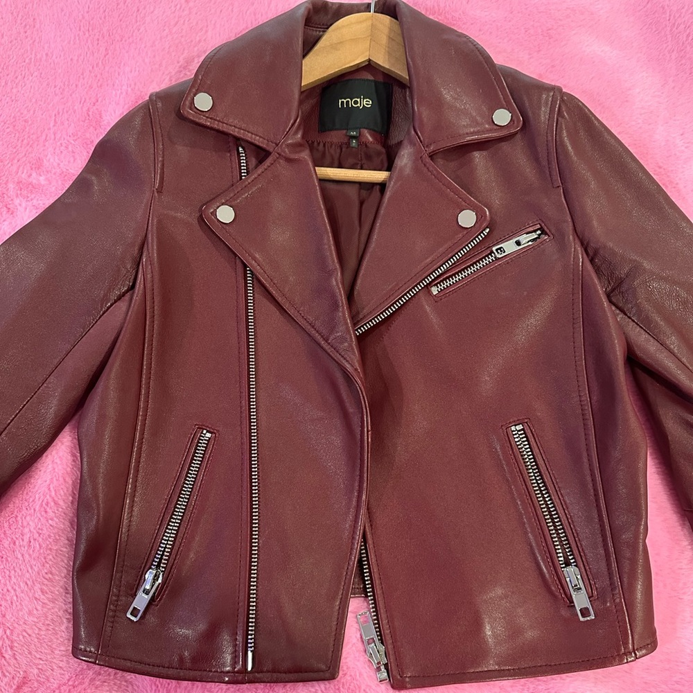 Maje Paris Burgundy Red Soft Lamb Leather Jacket Sz S/36